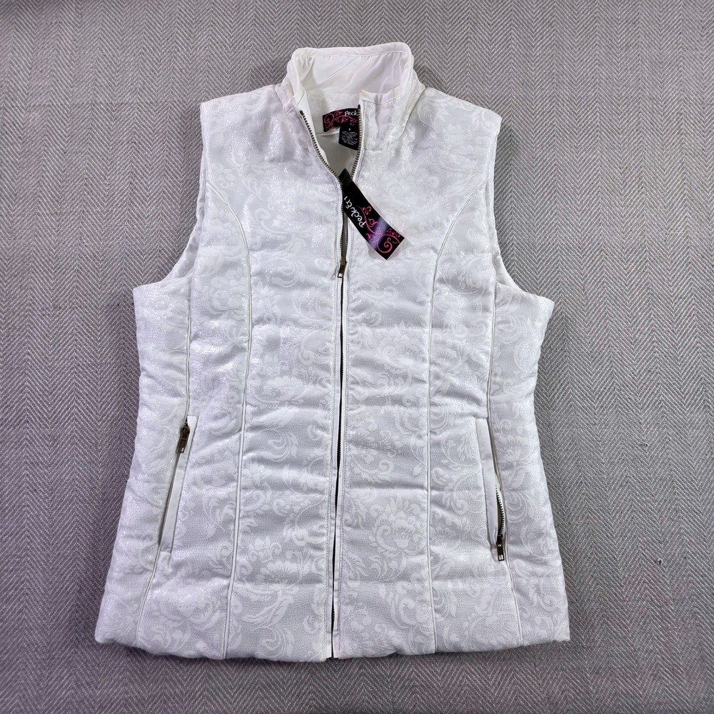 Peck & Peck Puffer Vest Women Small White NWT Brocade Lurex Metallic Floral